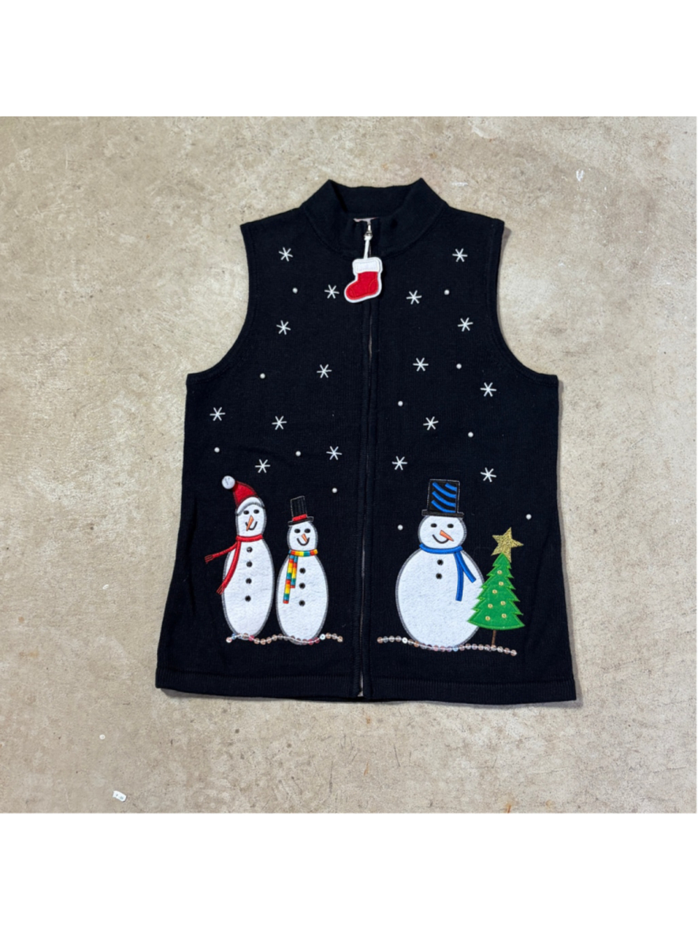 Vintage Christmas Snowman Vest Women’s Medium Black Zip Up Embroidered Tree